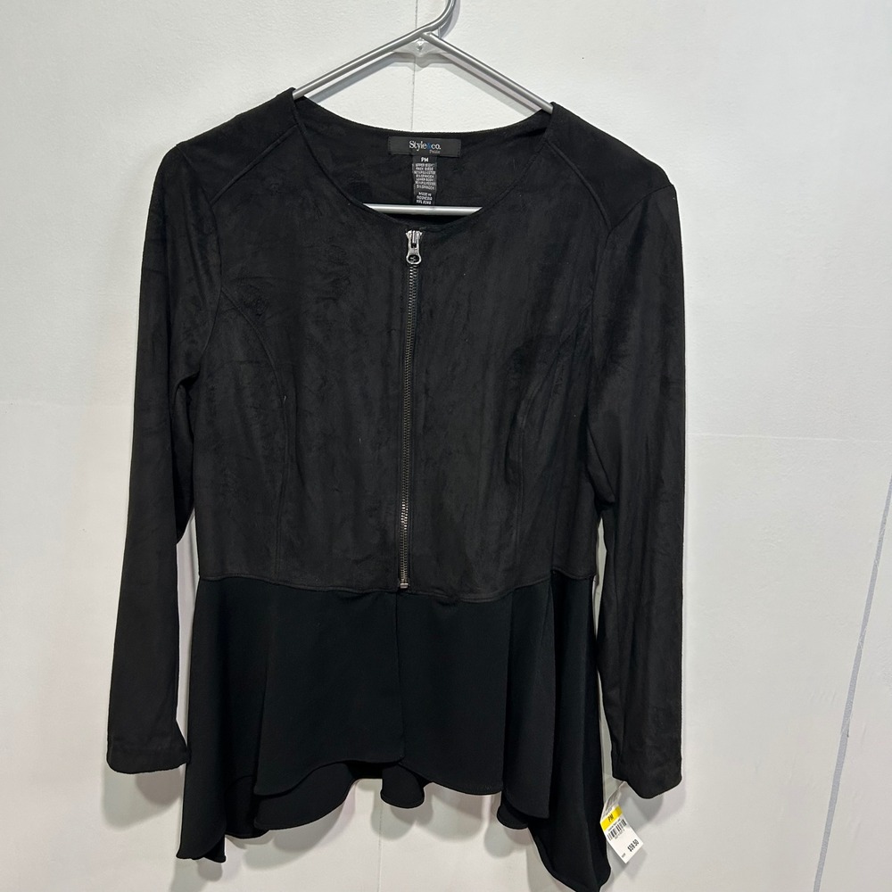 Style & Co Zip Up Jacket Womens Medium Petite Black Faux Suede Peplum Goth